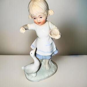 Cottagecore Porcelain Figurine, Girl with Goose, Hand-Painted (7 Inches Tall)